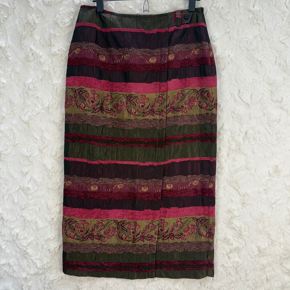 Intriguing Threads Bohemian‎ Stripe Maxi Skirt Size 8 Fauc Wrap Front Patchwork